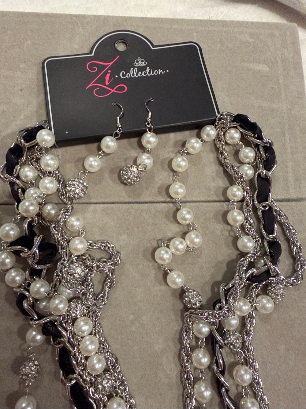 IC COLLECTION Silver Pearl Multi-Strand Necklace & Earrings Set - White Pearls